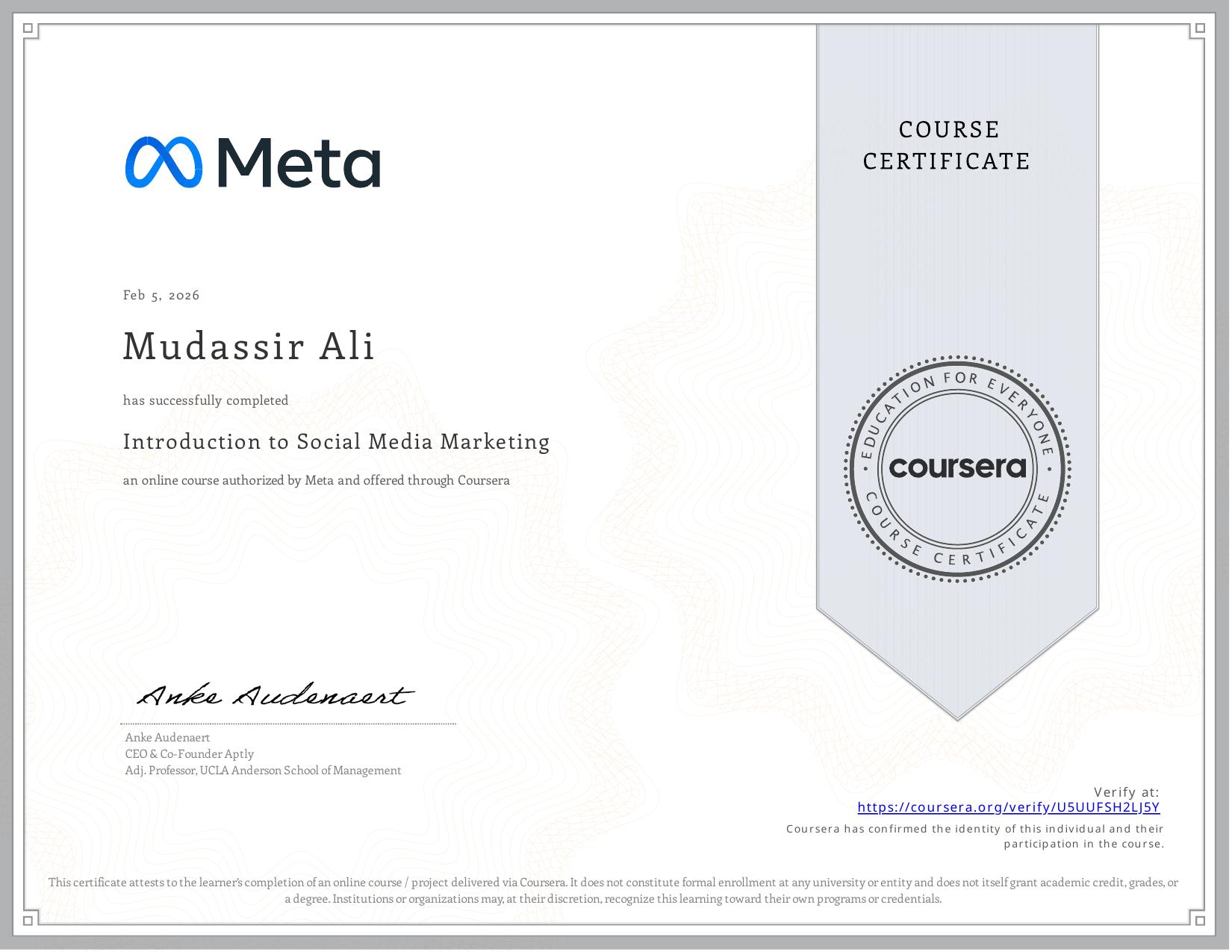 Introduction to Social Media Marketing, Coursera certificate