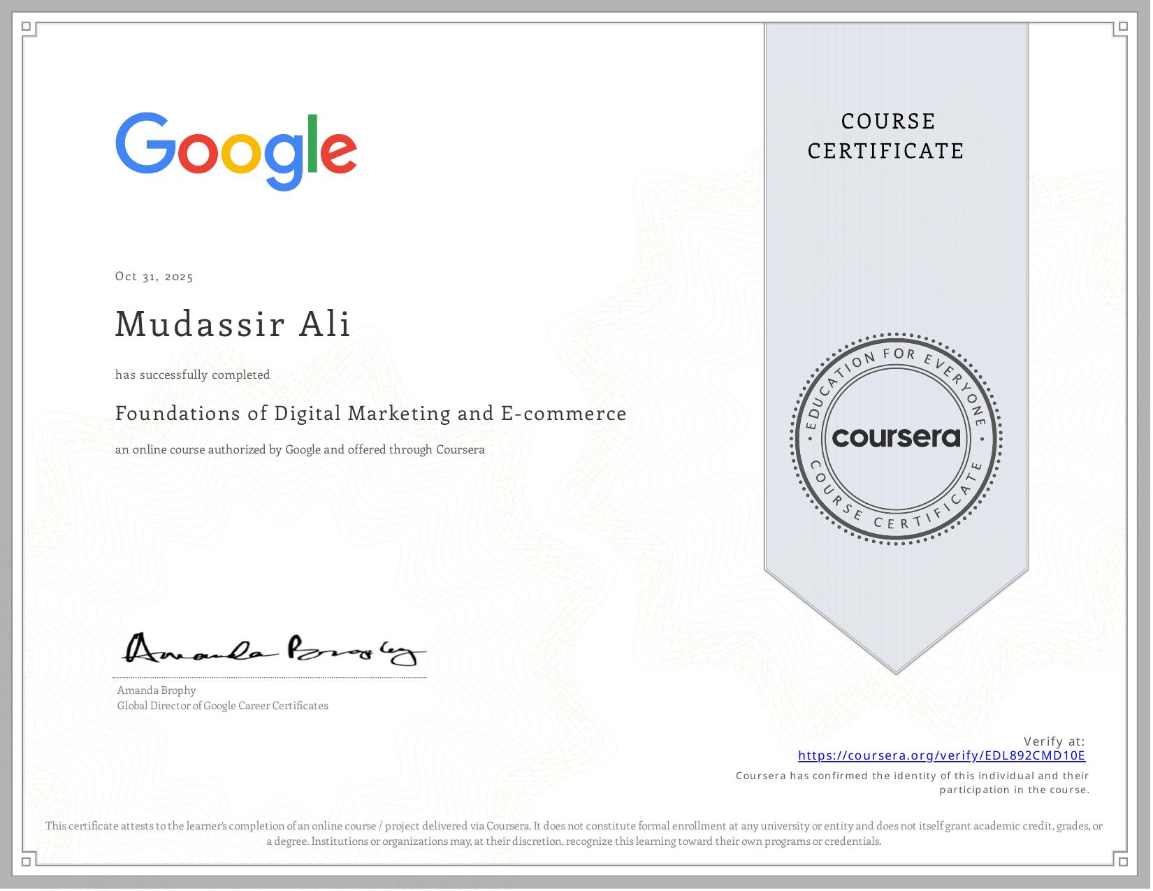 Foundations of Digital Marketing and E-commerce, Coursera certificate