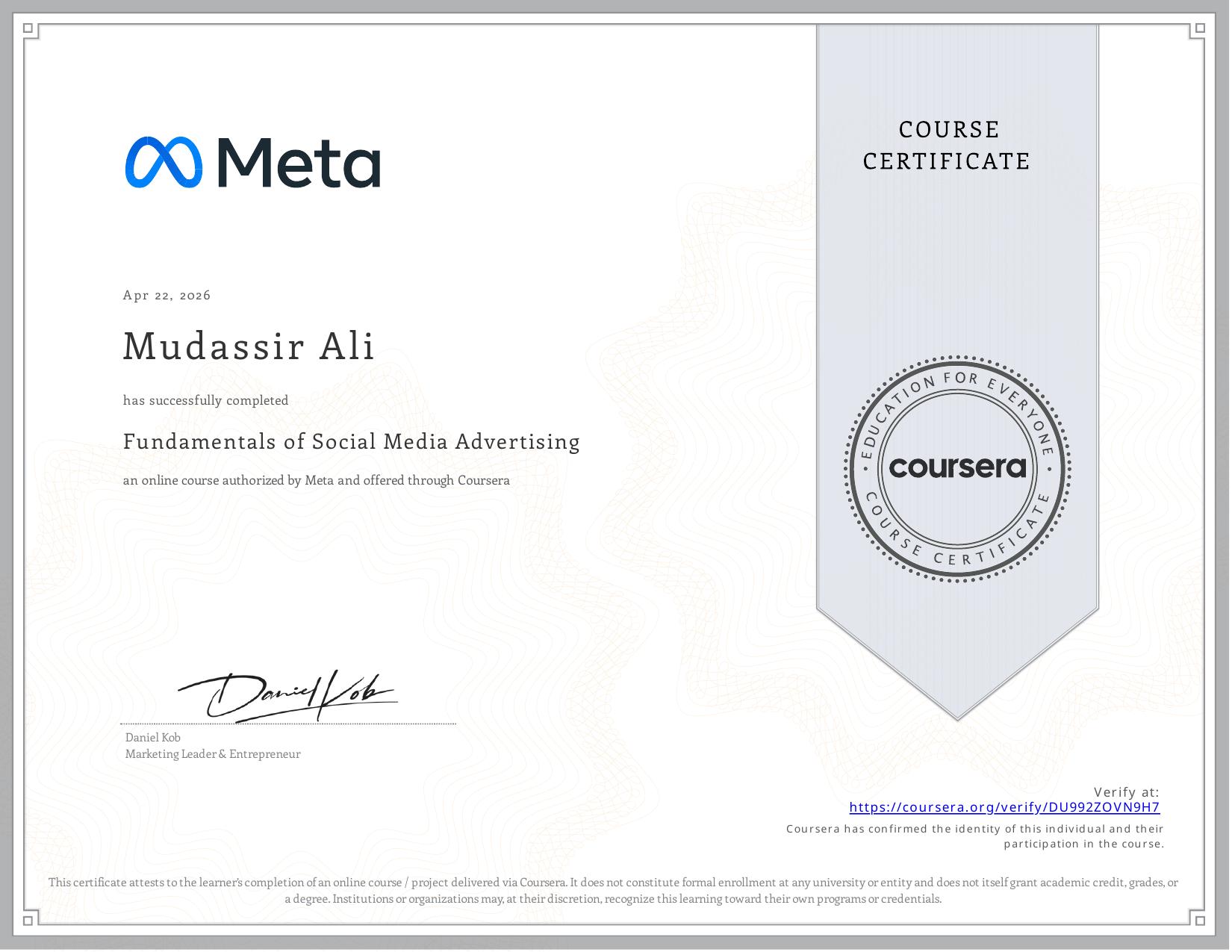 Fundamentals of Social Media Advertising, Coursera certificate