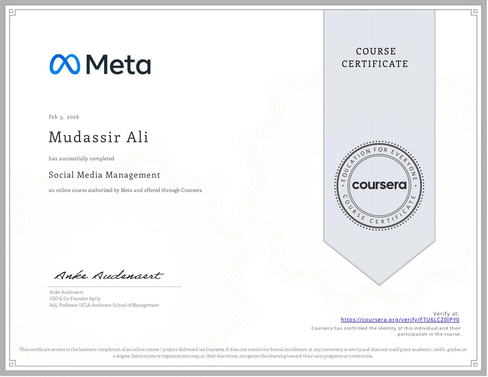 Social Media Management, Coursera certificate
