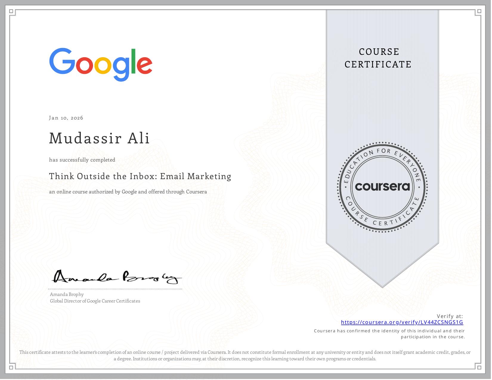 Think Outside the Inbox: Email Marketing, Coursera certificate