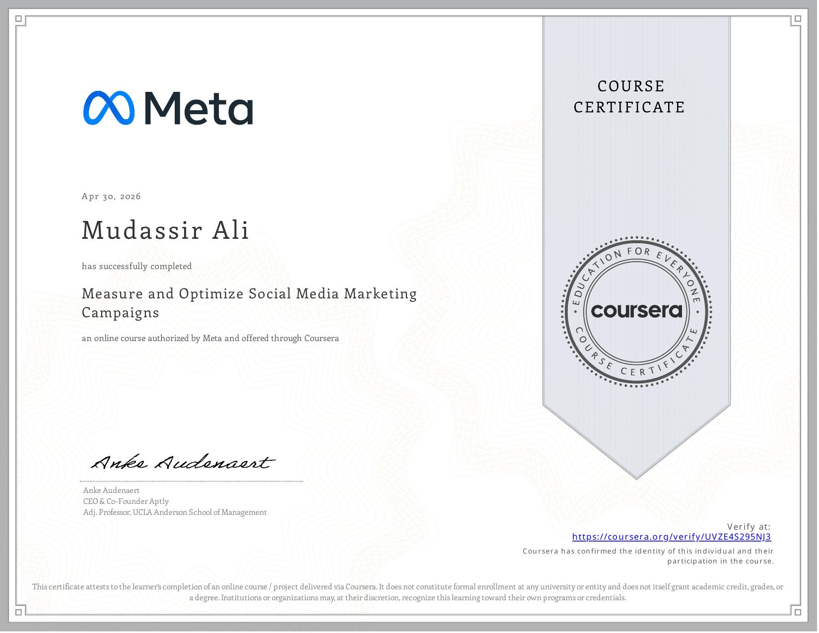 Measure and Optimize Social Media Marketing Campaigns, Coursera certificate