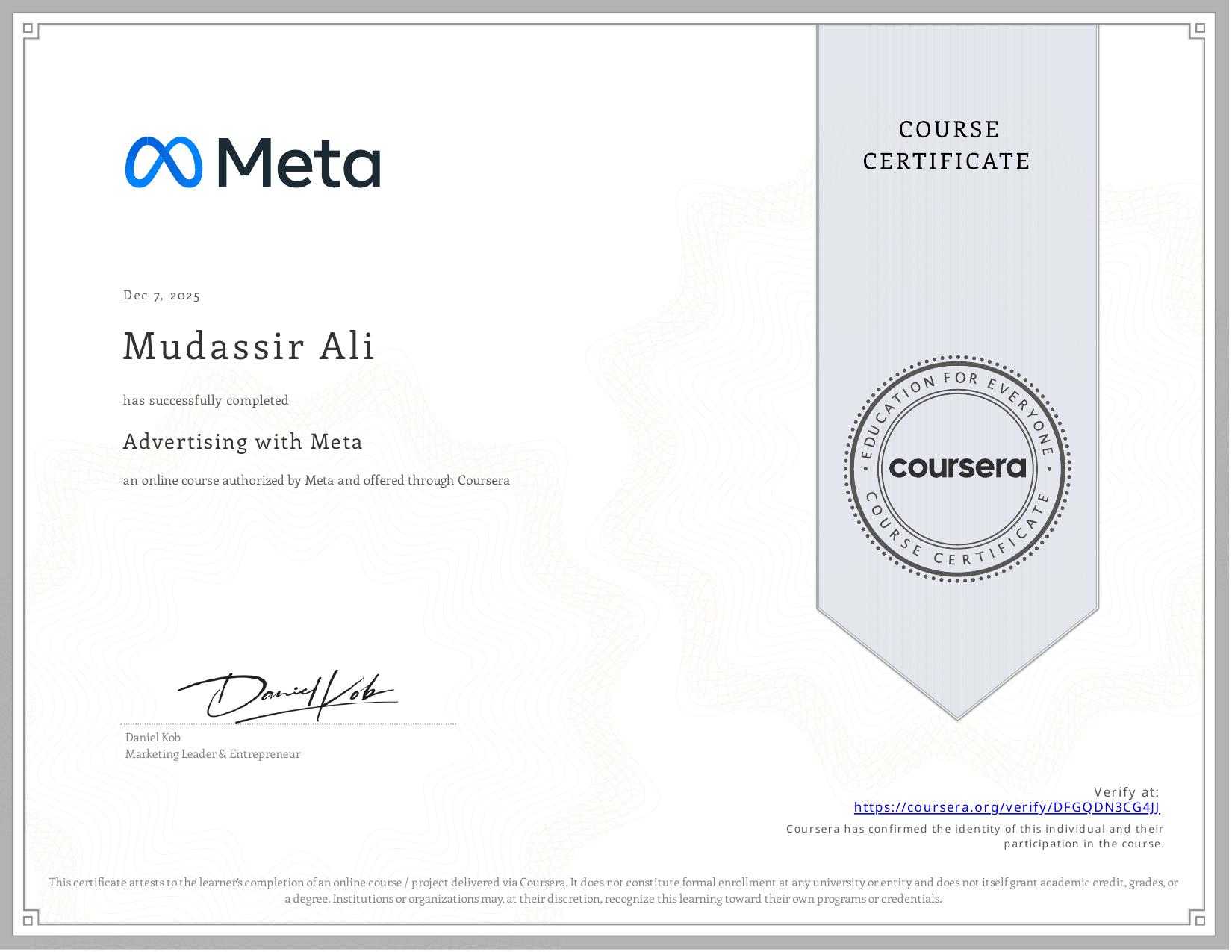 Advertising with Meta, Coursera certificate