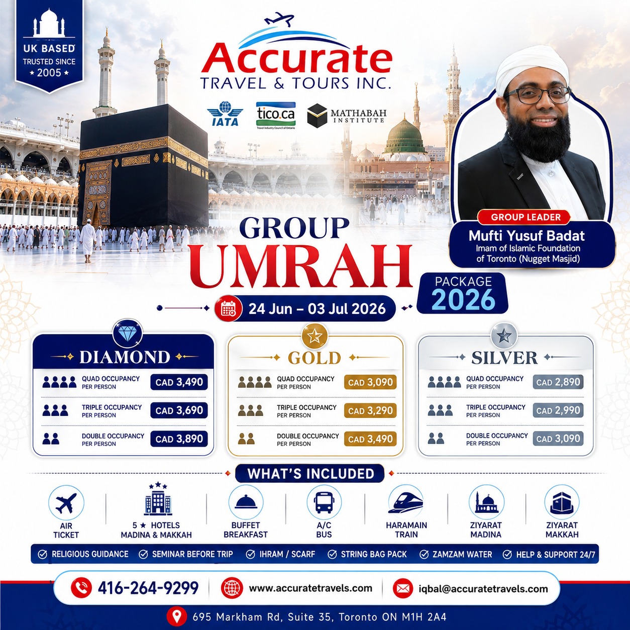 Group Umrah 2026, Diamond / Gold / Silver pricing flyer